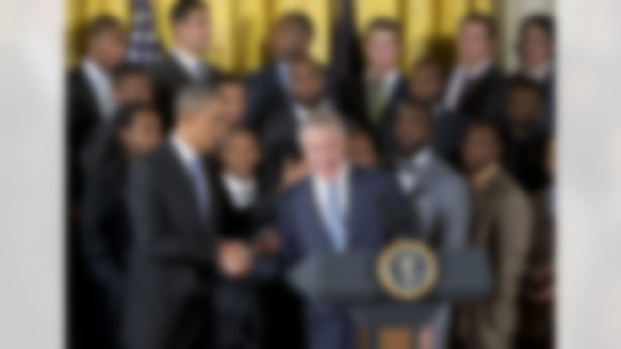President Barack Obama shakes hands with Seattle Seahawks Executive VP of Football Operationsand Head Coach Pete Carroll during a ceremony in the East Room of the White House in Washington, Wednesday, May 21, 2014, where the president honored the NFL Suer Bowk champion Seattle Seahawks football team. The Seahawks defeated the Denver Broncos in Super Bowl XLVIII. Quarterback Russell Wilson is between the president and Carroll, cornerback Richard Sherman is at left. (Pablo Martinez MonsivaisAssociated Press)