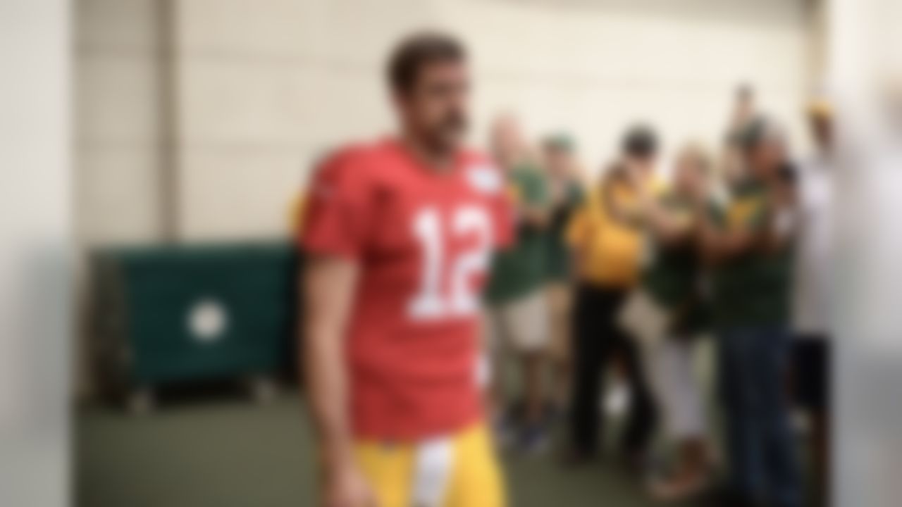 Aaron Rodgers arrives to practice on Tuesday, Aug. 29, 2017.