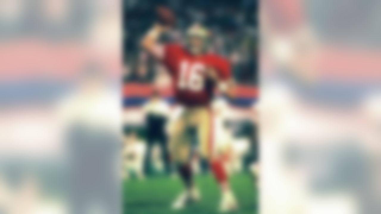 Quarterback Joe Montana once again leads the San Francisco 49ers to a World Championship, this time against the Cincinnati Bengals at Super Bowl XXIII on January 22, 1989 in Miami. (Al Messerschmidt/NFL)