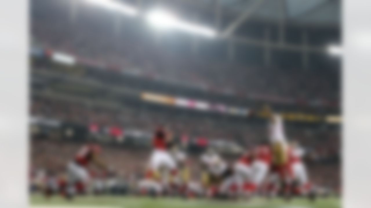 San Francisco 49ers outside linebacker Ahmad Brooks blocks a pass thrown by Atlanta Falcons quarterback Matt Ryan. (Perry Knotts/NFL)