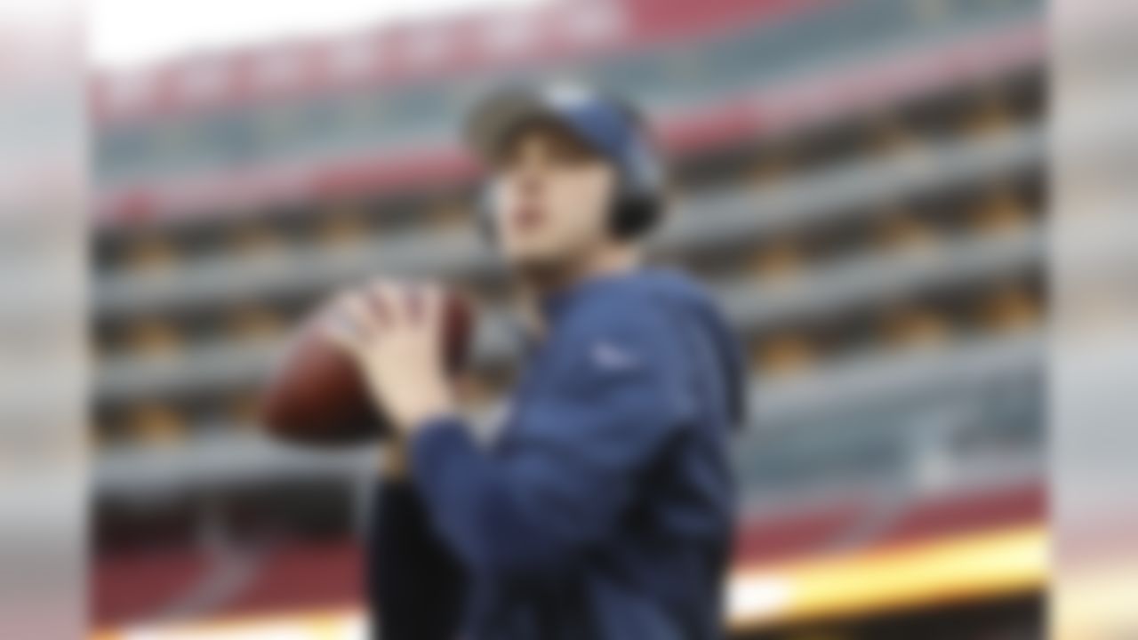 Los Angeles Rams quarterback Jared Goff (16) warms up prior to an NFL football game against the San Francisco 49ers, Saturday, Dec. 21, 2019 in Santa Clara, Calif.