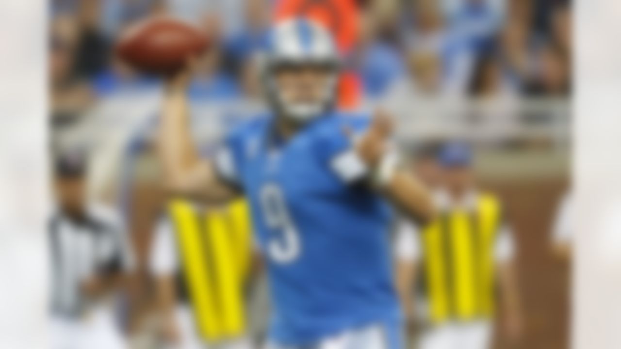 Detroit Lions quarterback Matthew Stafford (9) passes the ball in the first quarter of an NFL football game against the Atlanta Falcons in Detroit, Sunday, Oct. 23, 2011. (AP Photo/Rick Osentoski)