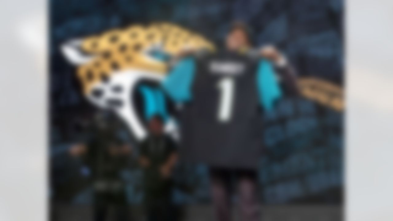Florida State cornerback Jalen Ramsey holds up his jersey on stage after being selected by the Jacksonville Jaguars during the 2016 NFL Draft at the Auditorium Theatre on Thursday, April 28, 2016 in Chicago. (Perry Knotts/NFL)