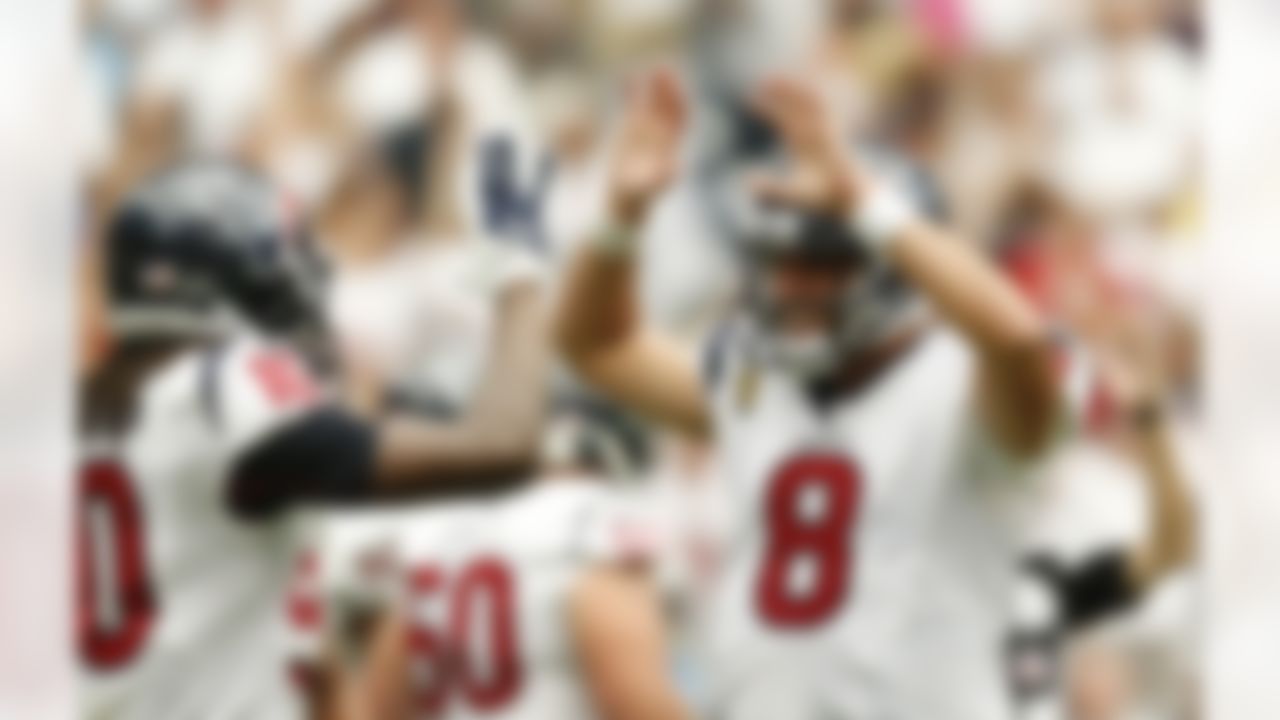 Houston Texans quarterback Matt Schaub (8) celebrates after throwing a touchdown pass during an NFL football game against the Tennessee Titans at Reliant Stadium on September 15, 2013 in Houston, Texas. Houston won 30-24. (Aaron M. Sprecher/NFL)
