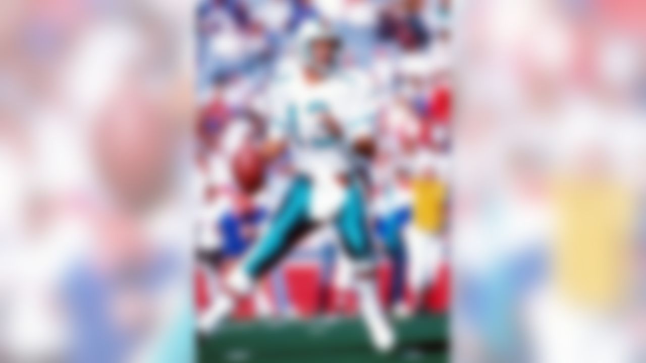 Miami Dolphins Hall of Fame quarterback Dan Marino looks for an open man during a 37-10 victory over the Buffalo Bills on October 4, 1992, at Rich Stadium in Orchard Park, New York. (Peter Brouillet/NFL)