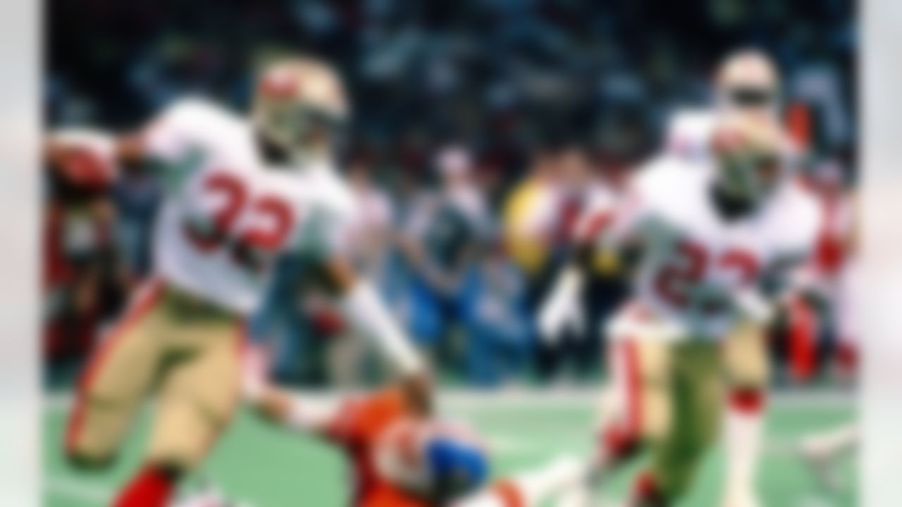 San Francisco 49ers running back Terrence Flagler (32) runs upfield during a Super Bowl XXIV NFL game against the Denver Broncos in New Orleans, on January 28, 1990. The 49ers defeated the Broncos 55-10. (National Football League)