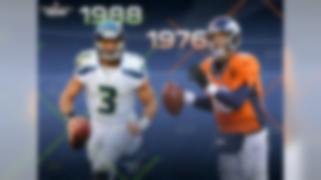 Peyton Manning (born March 24, 1976) and Russell Wilson (born Nov. 29, 1988) will set a record when they both start Super Bowl XLVIII. The age difference of 12 years, 250 days will be the greatest ever for a pair of Super Bowl starting quarterbacks. The existing record of 10 years, 253 days was set by Kurt Warner and Ben Roethlisberger in Super Bowl XLIII.