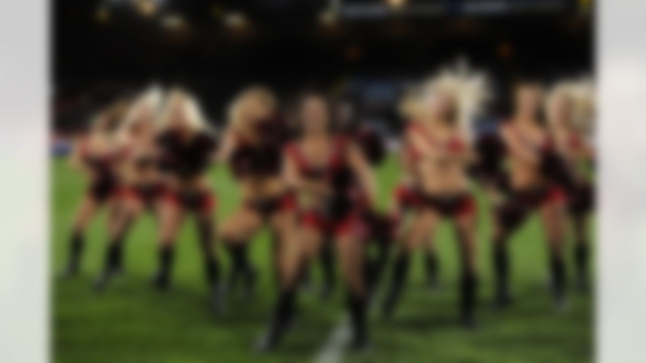 Tampa Bay Buccaneers cheerleaders perform during half time at the Crystal Palace V Bristol City soccer match on October 18, 2011 in London, England. (Dave Shopland/NFL)