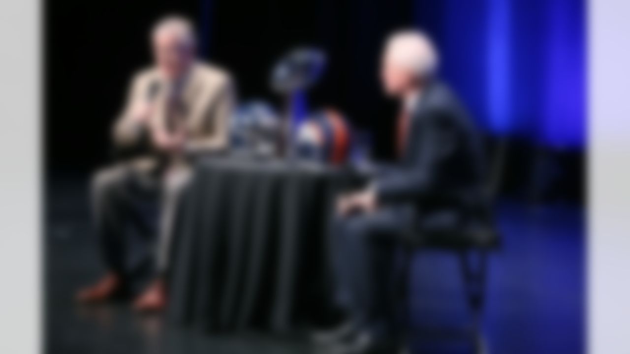 Seattle Seahawks head coach Pete Carroll and Denver Broncos head coach John Fox speak during a press conference at the Rose Theater on Friday, January 31, 2014 in New York, NY. (Ben Liebenberg/NFL)