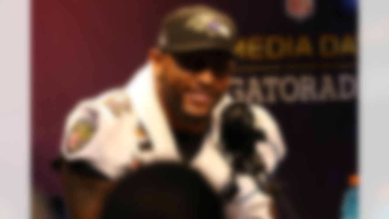 Baltimore Ravens Ray Lewis talks with the media during the Super Bowl XLVII Media Day at the Superdome on Tuesday, January 29, 2013 in New Orleans, LA. (Ben Liebenberg/NFL)