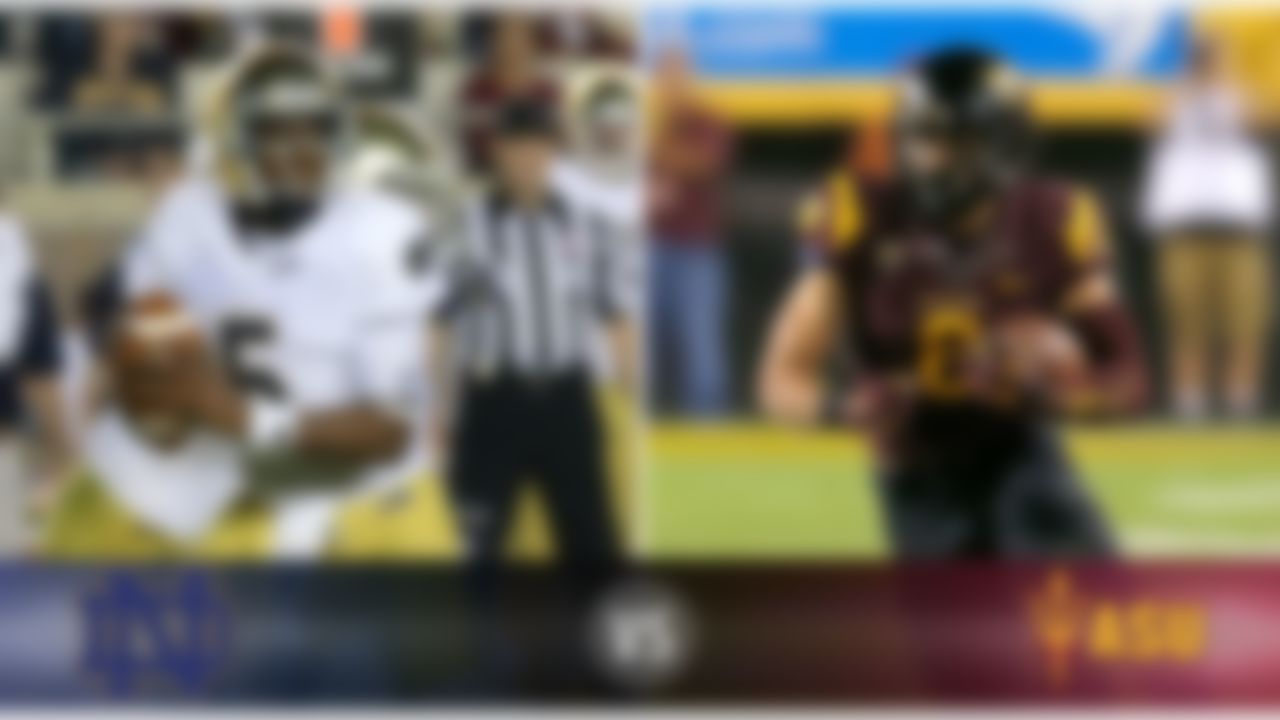 Details: Saturday, 3:30 p.m. ET, ABC
The skinny: The Irish travel to the desert hoping to give a big boost to their College Football Playoff hopes behind quarterback Everett Golson (above) and an improving offense. However, Notre Dame will be without some key pieces on defense, which is something all-purpose Sun Devils stud D.J. Foster (above) will no doubt be looking to exploit. On a day stacked with great games, this might end up being the best one of the bunch.
Game picks:
Brandt: Notre Dame, 34-31
Brooks: Arizona State, 28-25
Jeremiah: Notre Dame, 35-27
Fischer: Arizona State, 24-21
Goodbread: Notre Dame, 27-20
Huguenin: Arizona State, 31-24