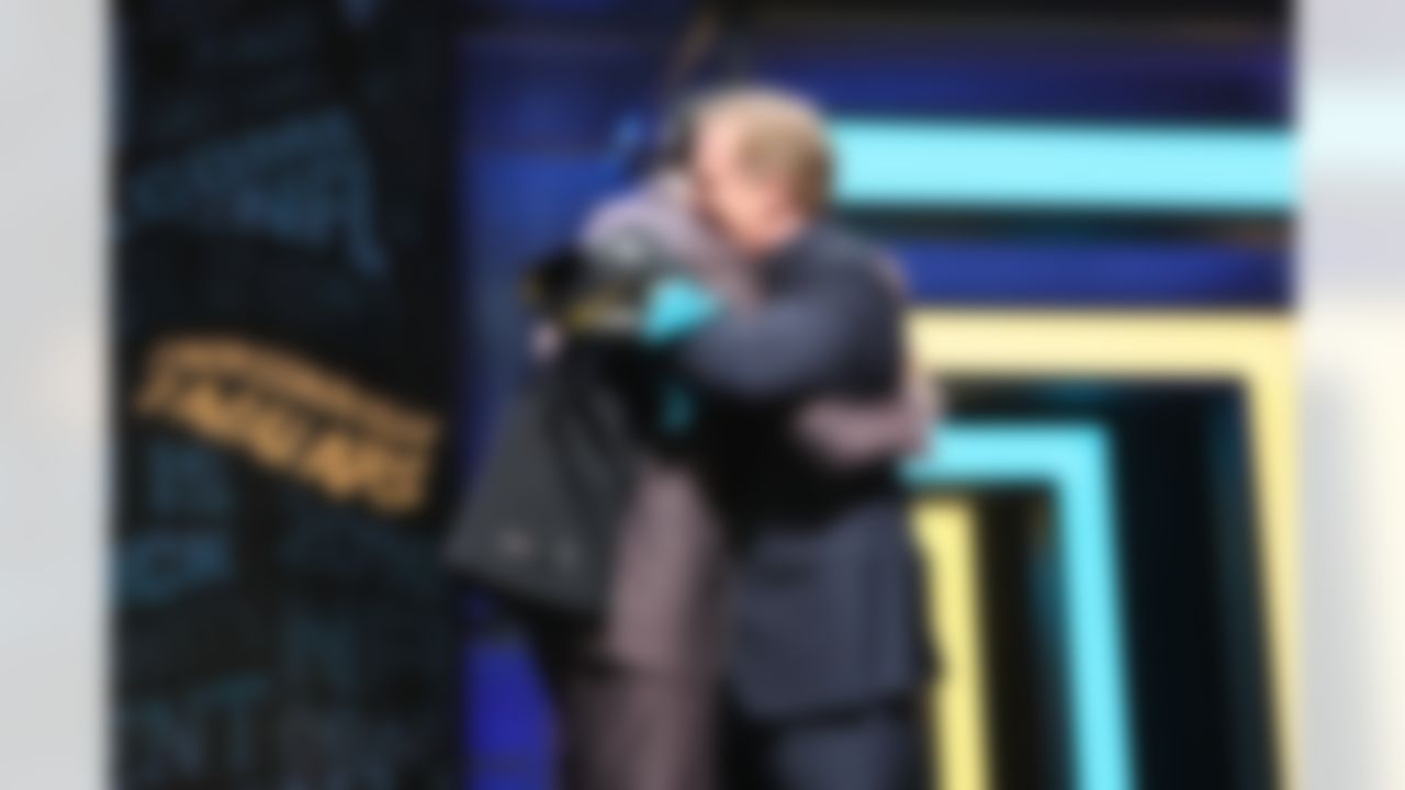 Florida State cornerback Jalen Ramsey embraces NFL Commissioner Roger Goodell after he is selected by the Jacksonville Jaguars during the 2016 NFL Draft at the Auditorium Theatre on Thursday, April 28, 2016 in Chicago. (Perry Knotts/NFL)