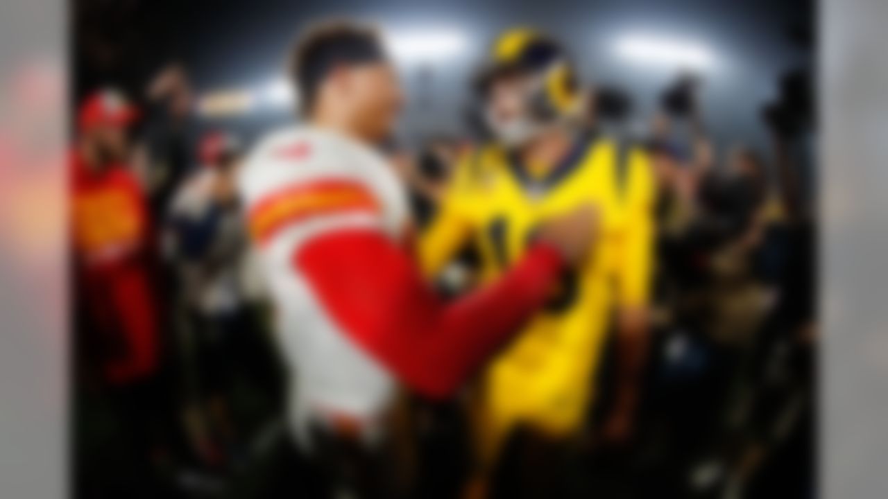 Chiefs quarterback Patrick Mahomes (left) and Rams quarterback Jared Goff shake hands after Los Angeles' win at the Coliseum.