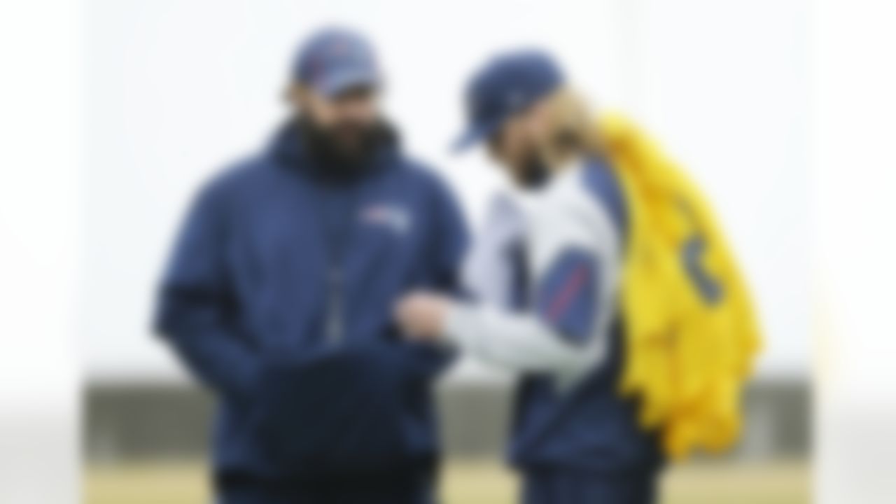 New England Patriots defensive coordinator Matt Patricia, left, talks with coaching assistant Steve Belichick, right, during practice Friday, Jan. 30, 2015, in Tempe, Ariz. The Patriots play the Seattle Seahawks in NFL football Super Bowl XLIX Sunday, Feb. 1. (AP Photo/Mark Humphrey)