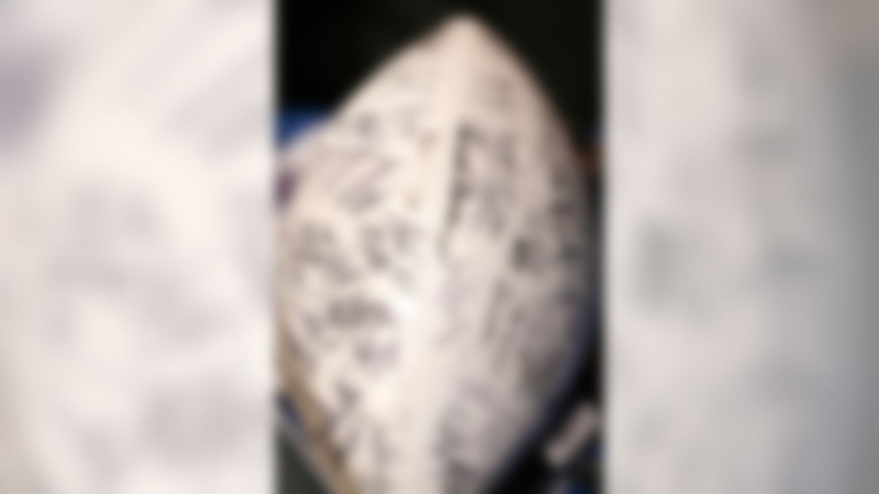 An autographed football is seen on Radio Row at the Super Bowl XLVIII media center in the Sheraton Hotel on Thursday, January 30, 2014 in New York, NY. (Perry Knotts/NFL)