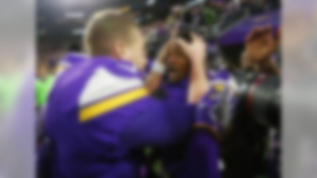 Minnesota Vikings wide receiver Stefon Diggs (right) celebrates with quarterback Case Keenum (left) after the game-winning touchdown against the New Orleans Saints during the fourth quarter in the NFC Divisional Playoff football game at U.S. Bank Stadium.