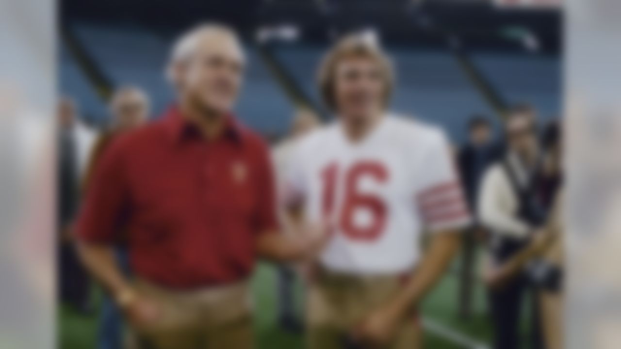 San Francisco 49ers quarterback Joe Montana (16), shown with coach Bill Walsh on Jan. 19, 1982 in Pontiac, Michigan as the San Francisco 49ers get ready to meet the Cincinnati Bengals in the Super Bowl XVI game. (Associated Press)