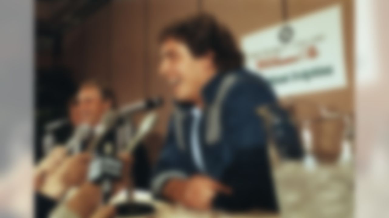 Dan Marino, quarterback for the Miami Dolphins, answers a question during press conference, Jan. 15, 1985. (AP Photo/Joe Skipper)