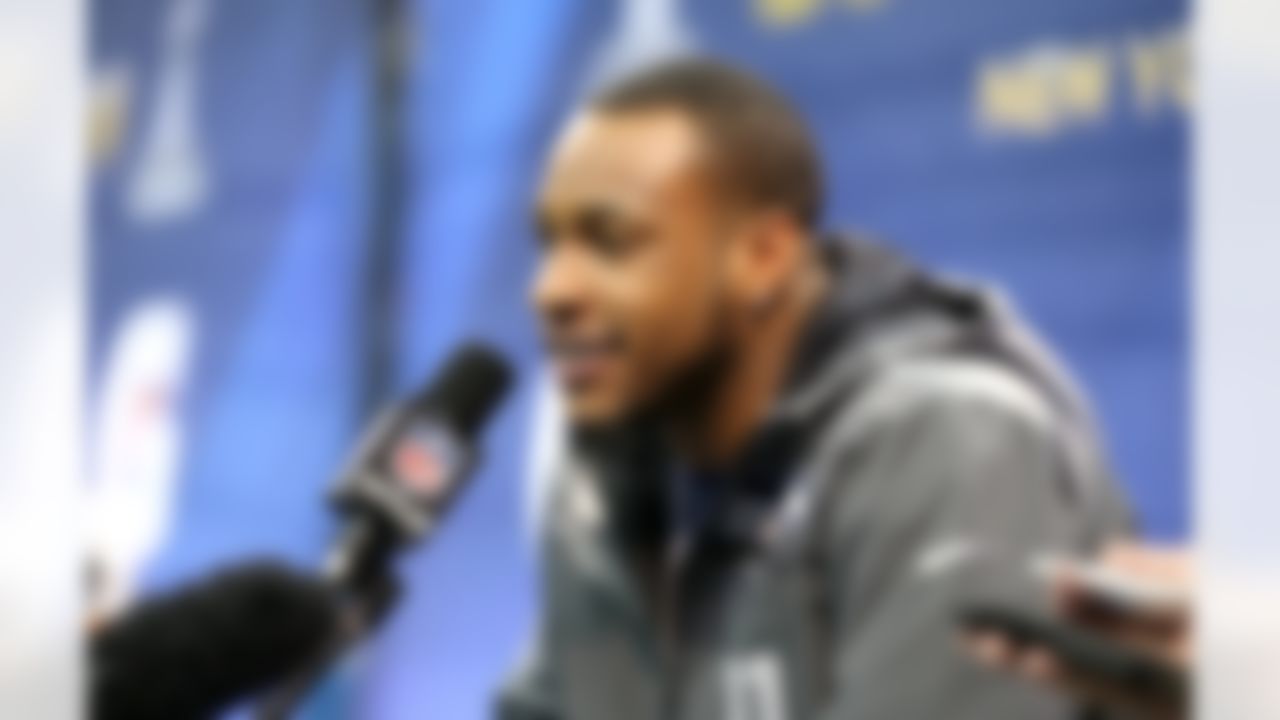 Seattle Seahawks wide receiver Percy Harvin speaks during the Super Bowl XLVIII Media Day at the Prudential Center on Tuesday, January 28, 2014 in Newark, NJ. (Ben Liebenberg/NFL)
