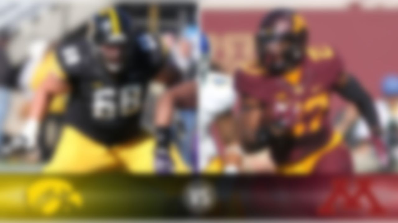 Details: Saturday, 12 p.m. ET, ESPN2
The skinny: These are two of the four teams in the hunt for the Big Ten West Division title. Keep an eye on Minnesota TB David Cobb (above), who is sixth nationally (and third in the Big Ten) in rushing at 141.4 yards per game. He has to at least get close to his average if the Golden Gophers are going to win; if Minnesota must pass to win, it has zero chance. Iowa OT Brandon Scherff (above) might be the best lineman in the nation, and he and his linemates need to carve out some holes because Iowa is another team that doesn't want to be forced to throw. Still, the Hawkeyes are far better-equipped to pass than the Gophers. Also at stake: Floyd of Rosedale.
Game picks:
Brandt: Iowa, 28-21 
Brooks: Minnesota, 23-20
Jeremiah: Minnesota, 24-21
Fischer: Iowa, 28-24
Goodbread: Iowa, 24-10
Huguenin: Iowa, 24-23