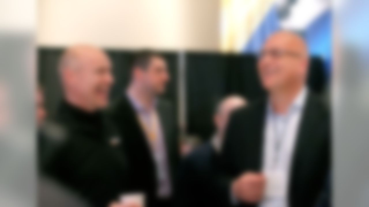 Former New York Ranger Mark Messier, left, and former Baltimore Orioles baseball player Cal Ripken, Jr. speak on Radio Row at the Super Bowl XLVIII media center in the Sheraton Hotel on Wednesday, January 29, 2014 in New York, NY. (Perry Knotts/NFL)