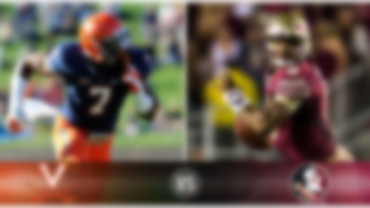 Details: Saturday, 6:30 p.m. ET, ESPN
The skinny: The Seminoles look to be a playoff lock and can't afford a slip-up against a Cavaliers team that plays good defense but struggles to score. Virginia DE Eli Harold (above) headlines a strong front seven that should cause problems for FSU's underachieving offensive line. UVa loves to blitz, which means FSU QB Jameis Winston (above) is going to have guys in his face most of the game. Winston has not played as consistently well as he did last season, but he has had moments of brilliance, especially in the second halves of games against Notre Dame and Louisville. True freshman TB Dalvin Cook gives FSU a big-play threat in the backfield.
Game picks:
Brandt: Florida State, 37-17
Brooks: Florida State, 41-27
Jeremiah: Florida State, 34-17
Fischer: Florida State, 38-13
Goodbread: Florida State, 38-14
Huguenin: Florida State, 34-14