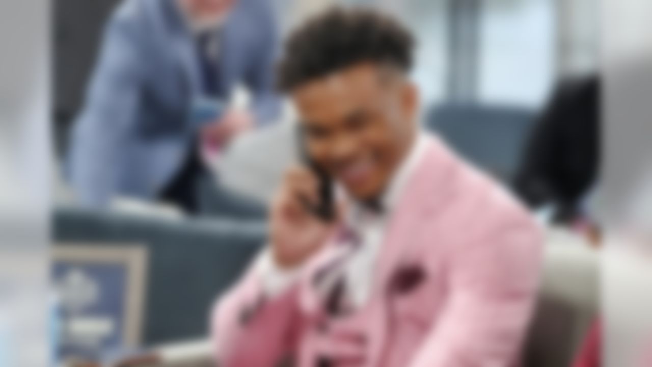 Oklahoma quarterback Kyler Murray speaks on the phone backstage after being selected by the Arizona Cardinals during the 2019 NFL Draft on Thursday, April 25, 2019 in Nashville, Tenn.