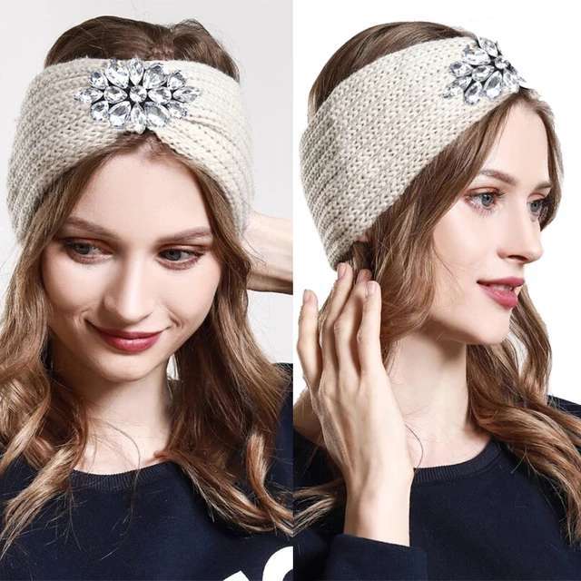 AWAYTR Bandeau Tricote Avec Strass Pour Femme, Serre-Tete, Turban Elastique, Accessoires Pour Cheveux, Automne Et Hiver
