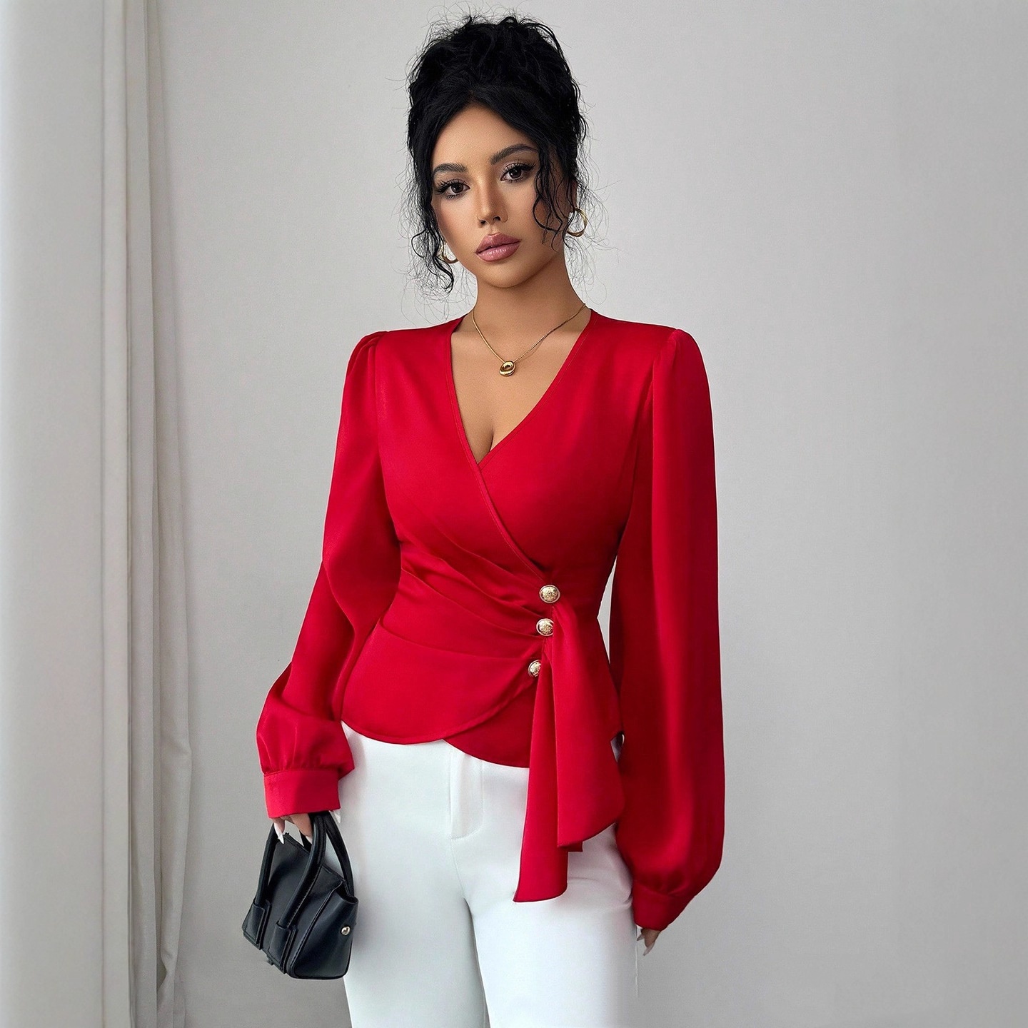 Springautumn Outfit Femme Fatale Style Pleated Long-sleeve Shirt