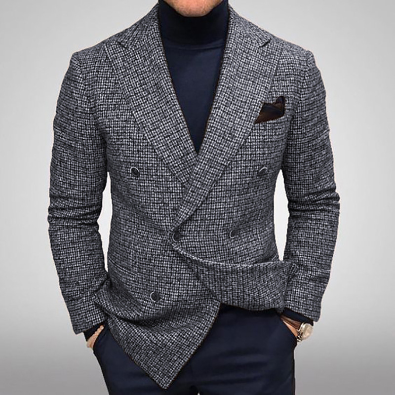 Men's Blazers Slim Fit Plaid Suits Jackets Male Long Sleeve Double-breasted Outerwear Business Casual Coats