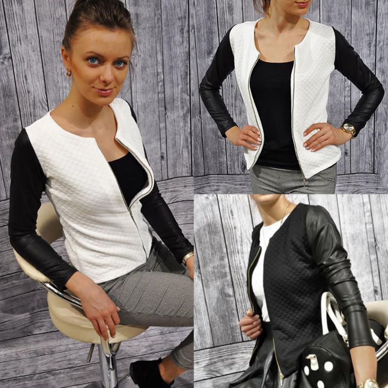 Female Outwear PU Leather Patchwork Spring Autumn Plaid Women Thin Coats Short Jackets ......