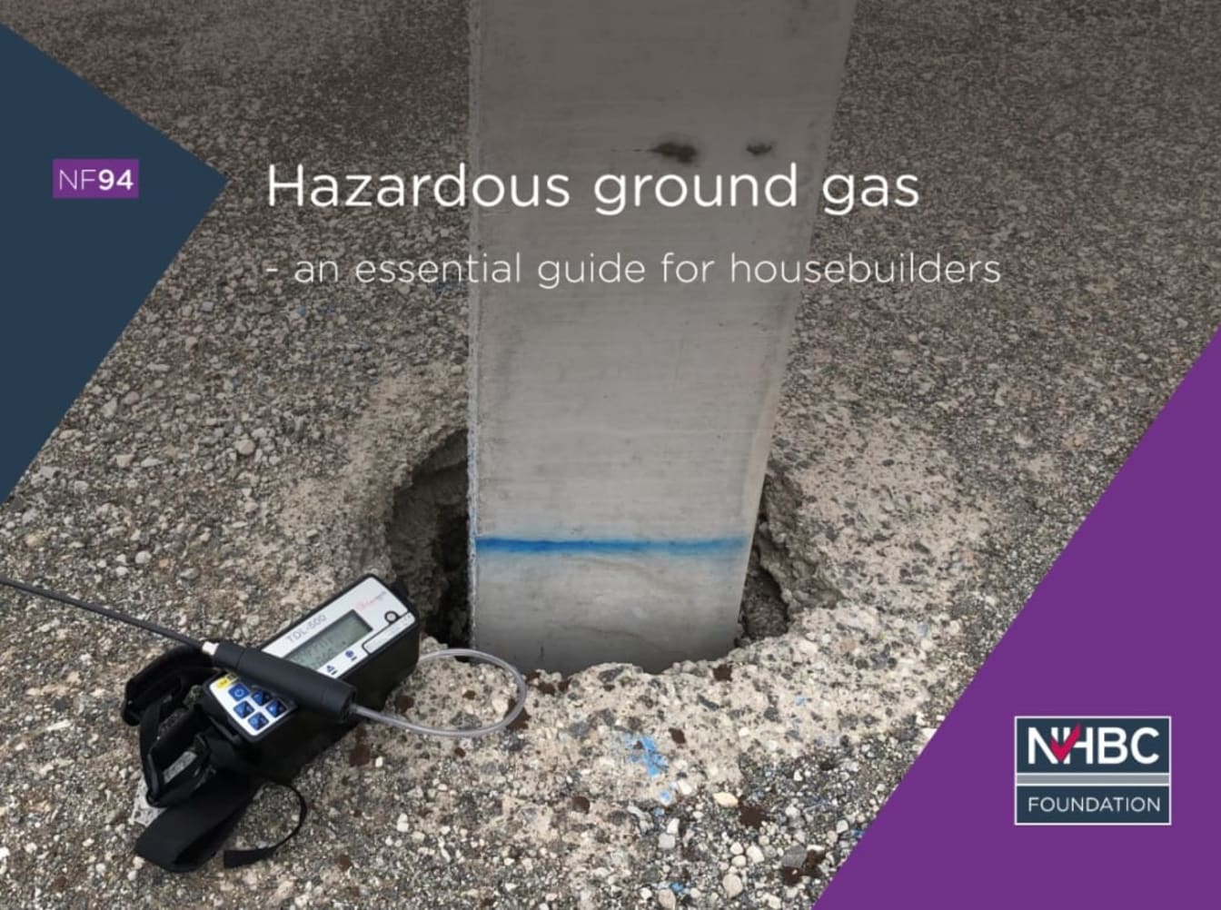 A photo of a gas meter in use with a purple graphic and the NHBC logo in the corner