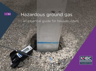 A photo of a gas meter in use with a purple graphic and the NHBC logo in the corner
