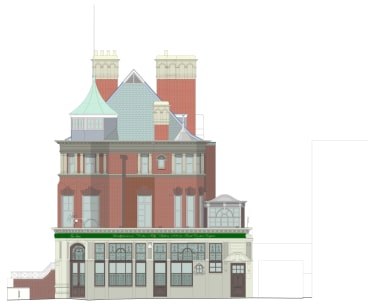 an architect's drawing showing the east design of crocker's folly