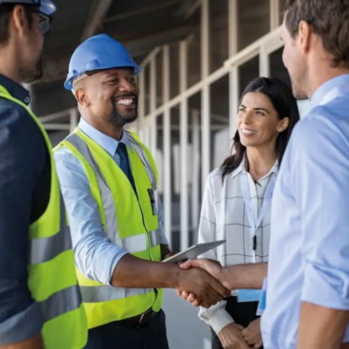 Team with safety jacket and hard hat shaking hands with people