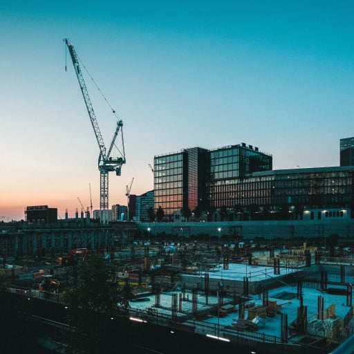 City scape at dusk with building work
