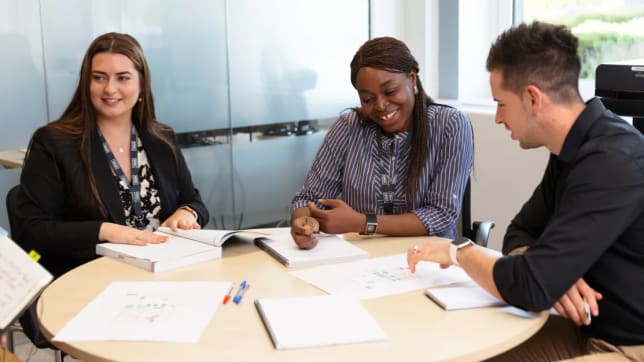 Team around a table working and smiling