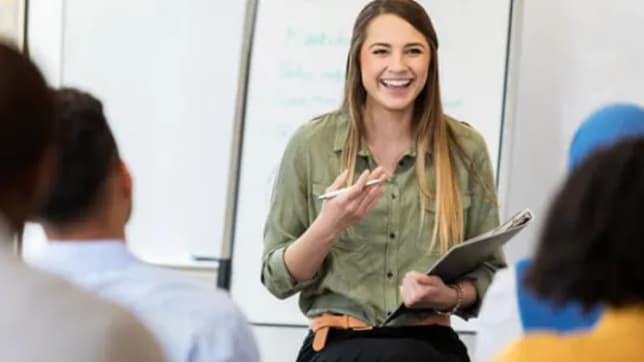 Woman smiling while talking