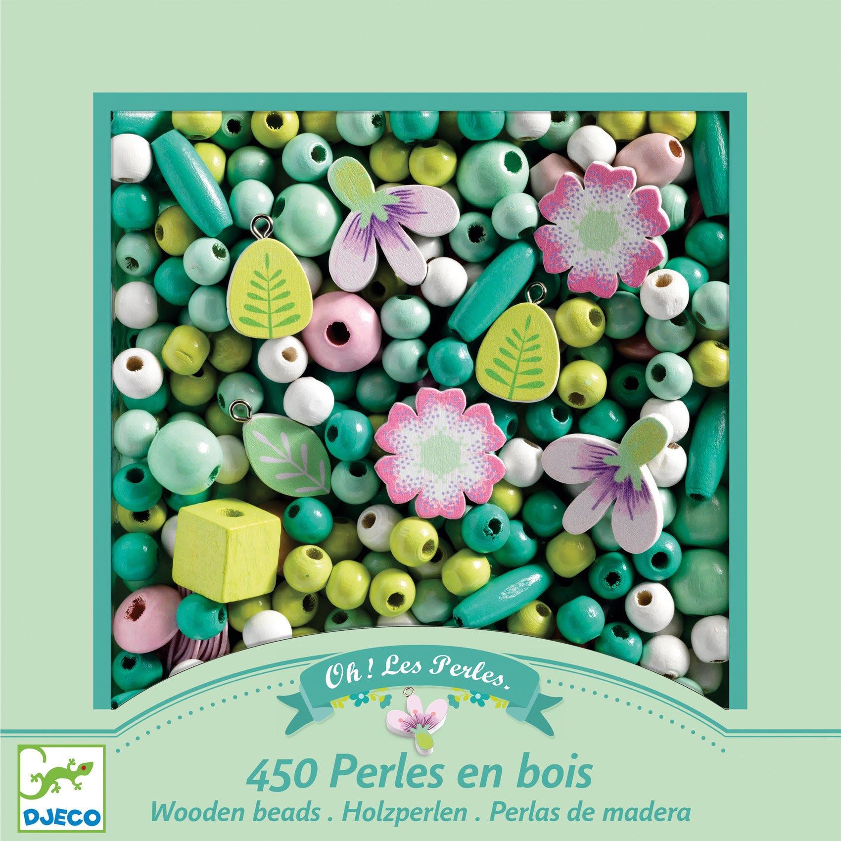 Wooden beads, leaves and flowers