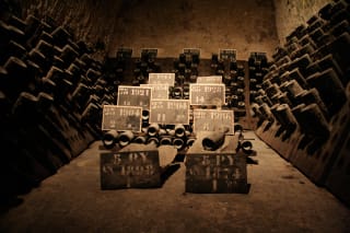 Photo of multiple bottles of wine full of dust, in a cellar.