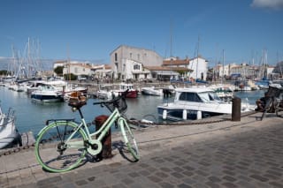 A scenic harbor view featuring a mint green bicycle parked beside the water. Numerous boats are docked in the marina, with buildings in the background and clear blue skies above.