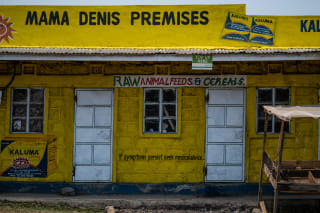 A brightly painted yellow building with signage for "MAMA DENIS PREMISES", advertisements for various products, including "RAW ANIMAL FEEDS & CEREALS", and the mention on the wall "If symptoms persist, seek medical advice"