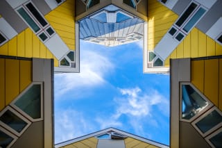 Back shot of the yellow cube houses in Rotterdam