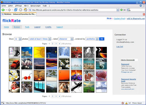 Navigation dans flickRate. Les options de filtre et tri sont nombreuses dans flickRate pour naviguer selon ses propres intérêts