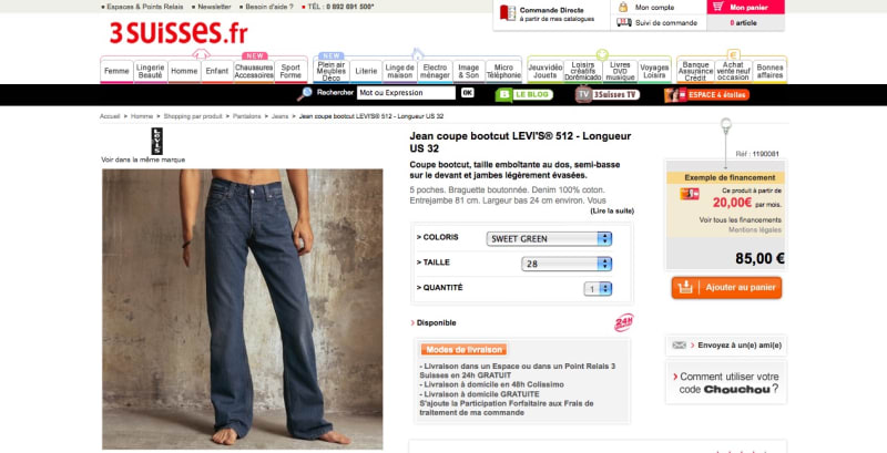 Un Jean Levi's 512 sur le site des 3 Suisses
