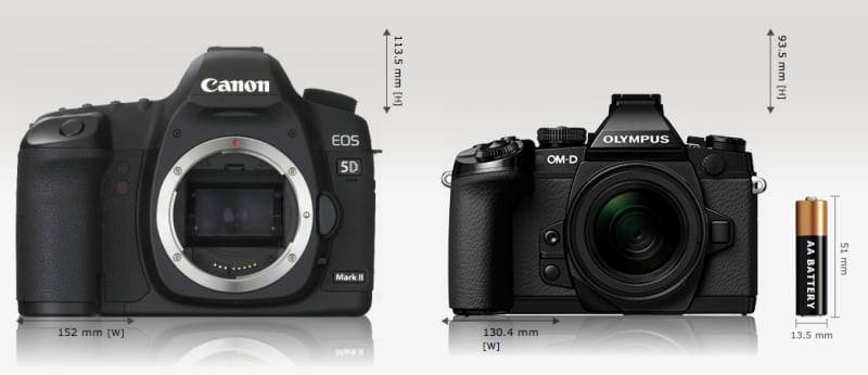 Comparaison des tailles du Canon EOS 5D Mark II et de l'Olympus OM-D E-M1