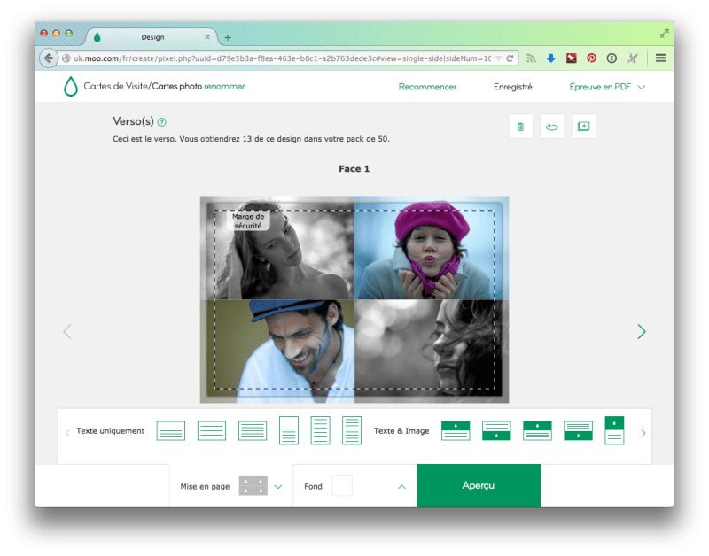 L'interface d'édition du verso des cartes