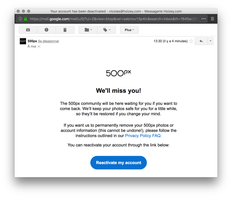 500px e-mail announcing my account has been deactivated
