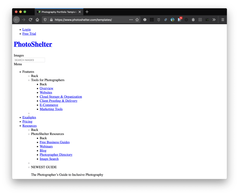 Screenshot of Photoshelter in Firefox with uBlock Origin