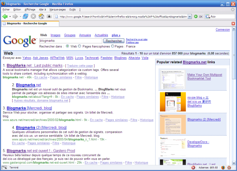 BlogmarksInGoogle 0.3 en action